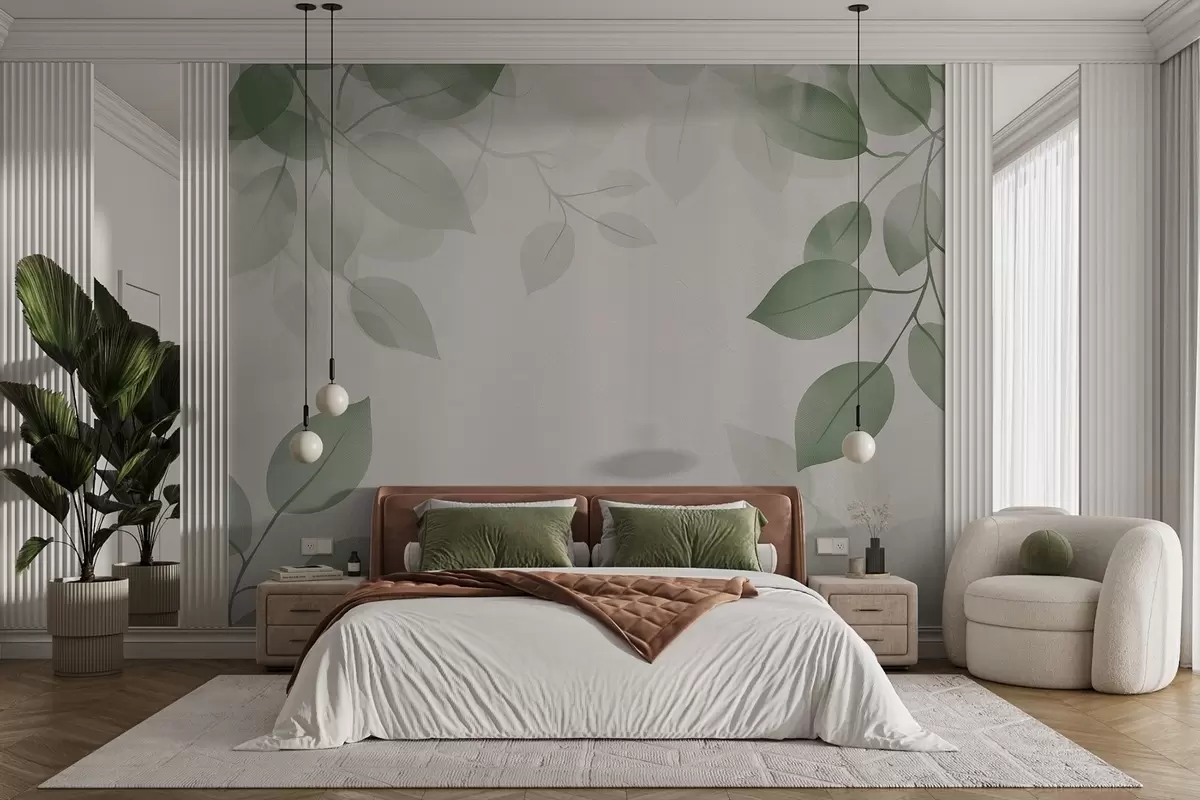 murales de pared Ramas colgantes con hojas en tonos verdes w08551v1