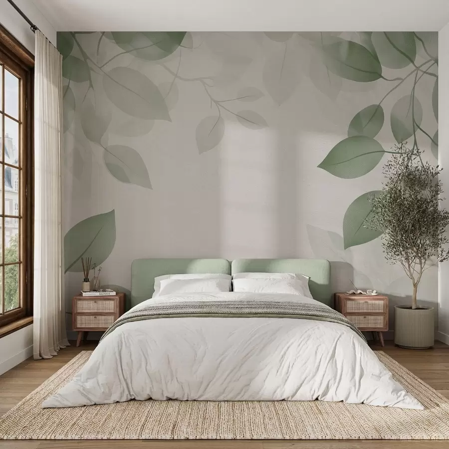 murales de pared Ramas colgantes con hojas en tonos verdes w08551v1