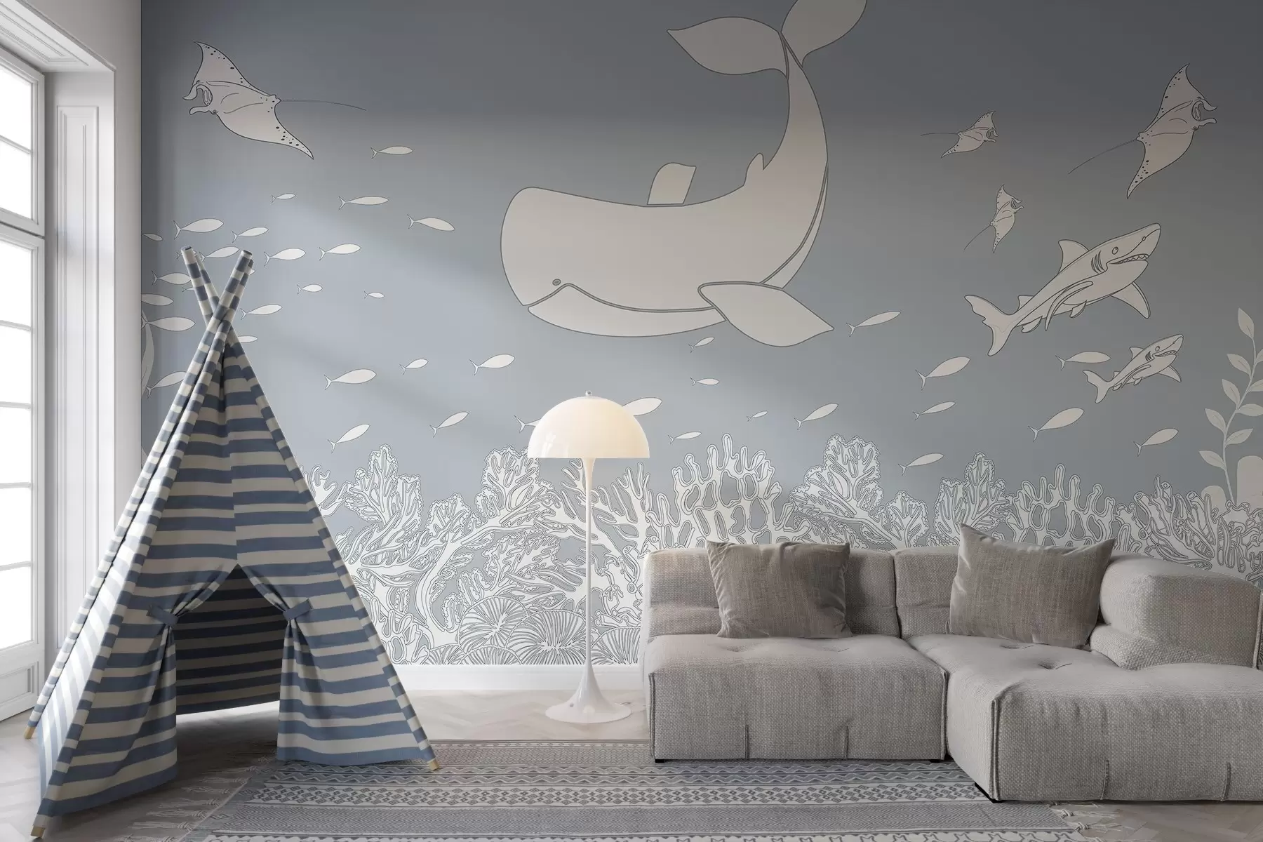 murales de pared Viaje con la ballena,tono azul w02645v1