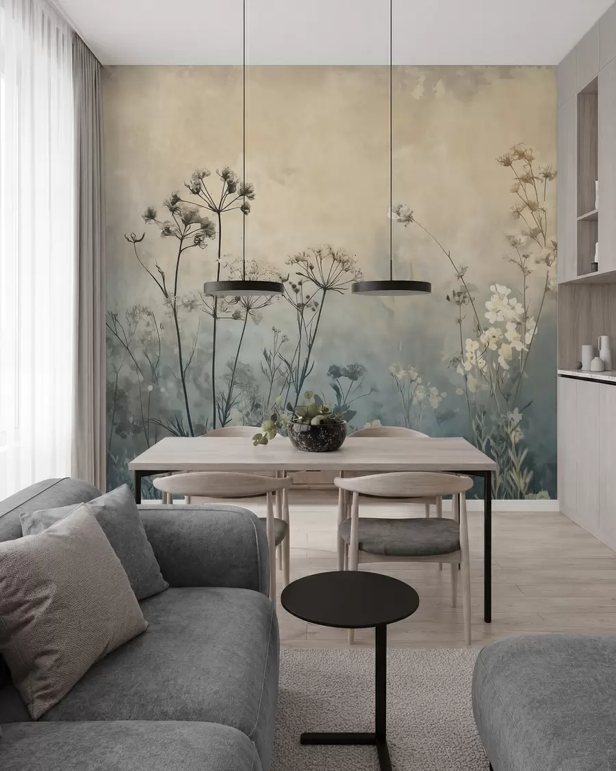 murales de pared papel pintado ecológico con flores silvestres y plantas sobre fondo texturizado w02685