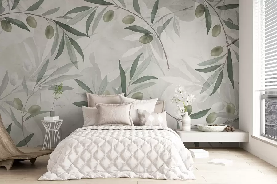 murales de pared Ramas de olivo con hojas verdes y aceitunas sobre fondo claro w08576