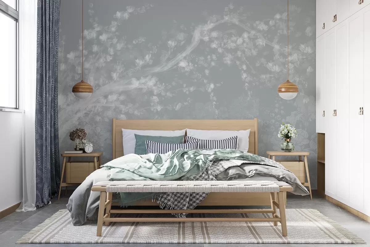 murales de pared Impresión borrosa y desenfocada con un blanco brumoso de ramas de árbol con fondo floral de luz suave  w08581