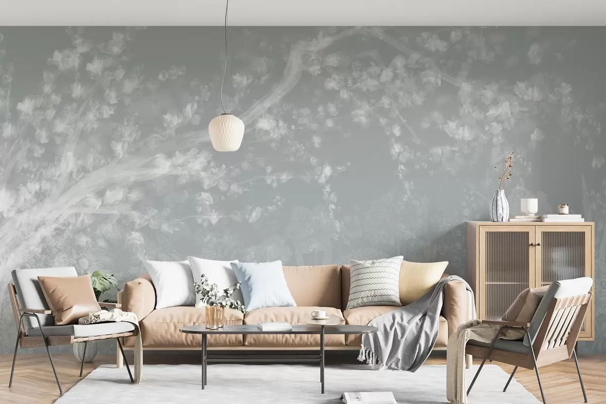 murales de pared Impresión borrosa y desenfocada con un blanco brumoso de ramas de árbol con fondo floral de luz suave  w08581