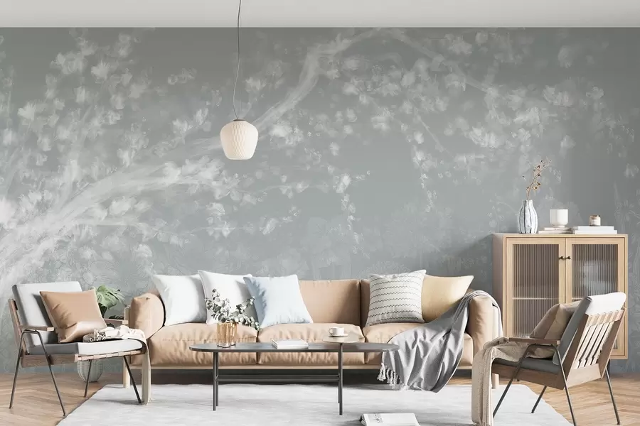murales de pared Impresión borrosa y desenfocada con un blanco brumoso de ramas de árbol con fondo floral de luz suave  w08581