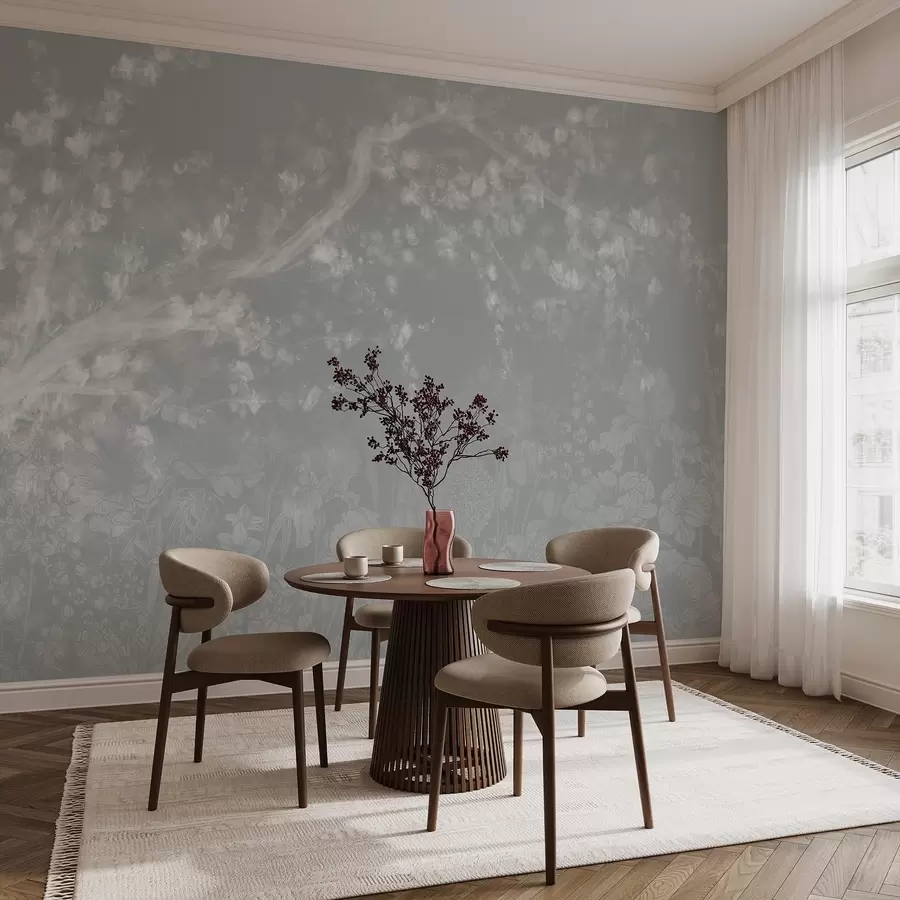 murales de pared Impresión borrosa y desenfocada con un blanco brumoso de ramas de árbol con fondo floral de luz suave  w08581