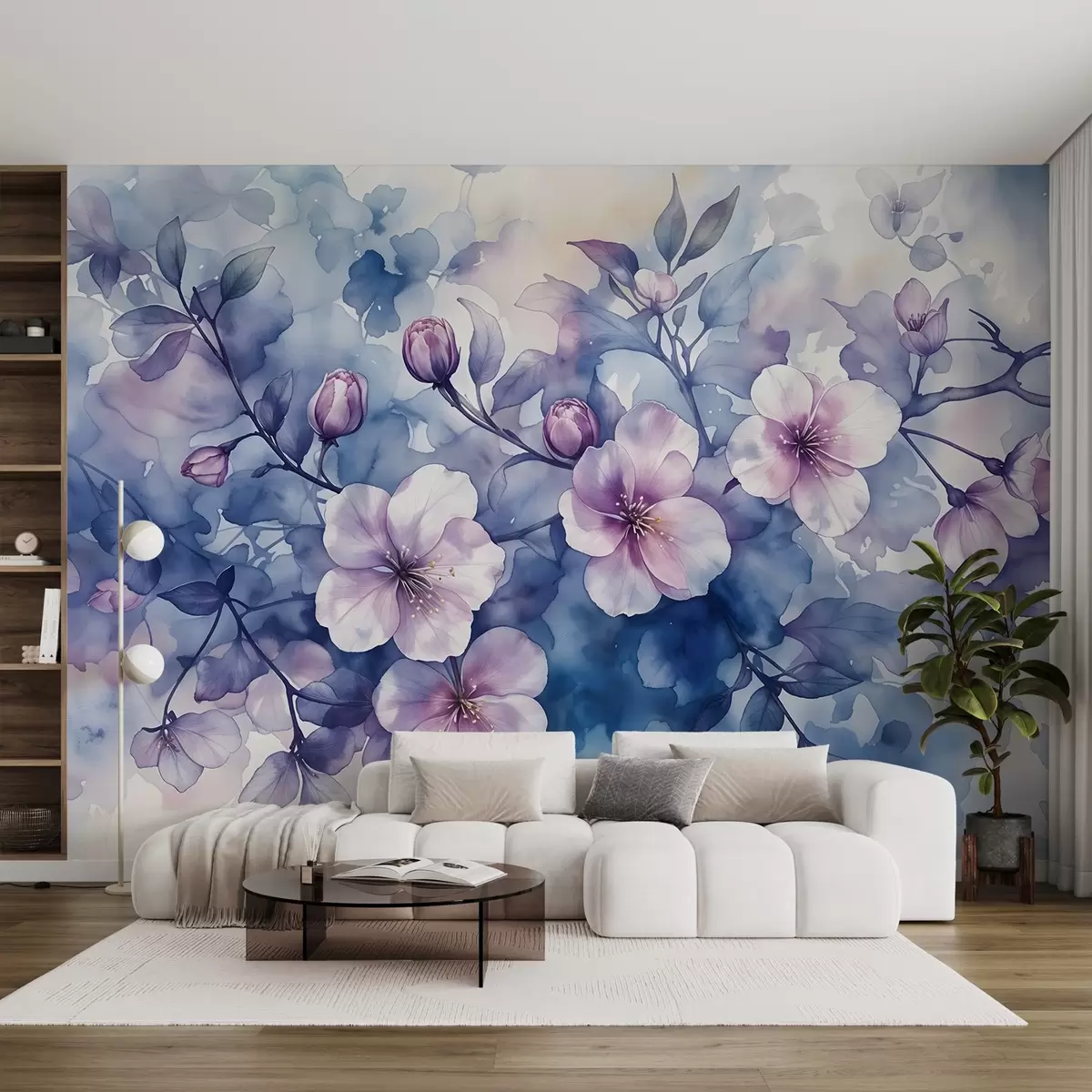 murales de pared Delicadas flores rosas y moradas de imitación acuarela con pétalos suaves y difuminados sobre un fondo azul salpicado w08582