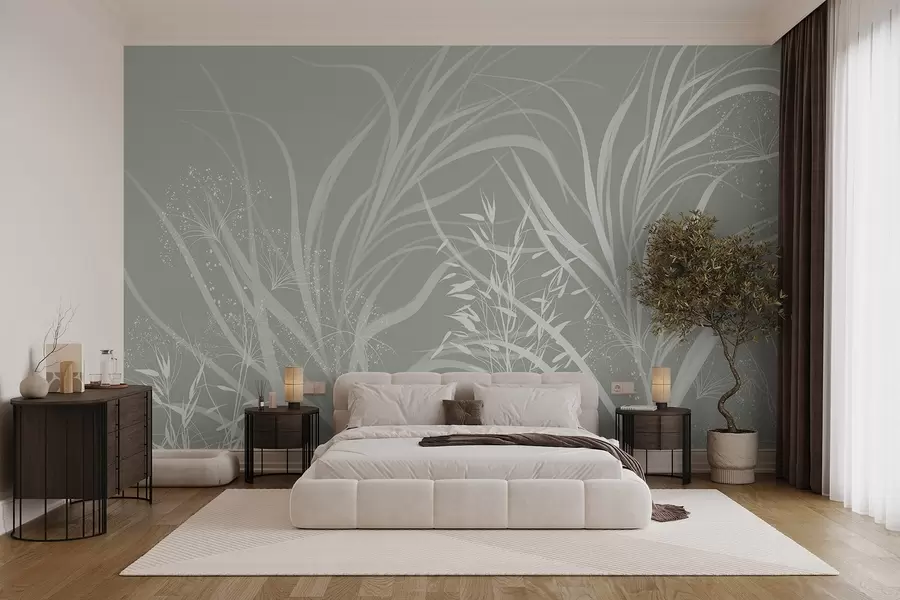 murales de pared Delicado y moderno estampado floral minimalista en blanco sobre fondo verde pastel claro w08583v1