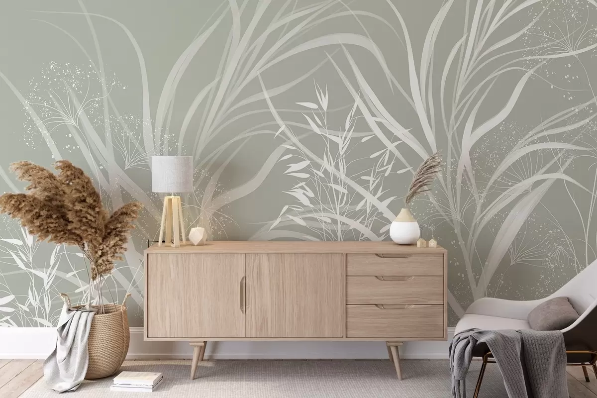 murales de pared Delicado y moderno estampado floral minimalista en blanco sobre fondo verde pastel claro w08583v1