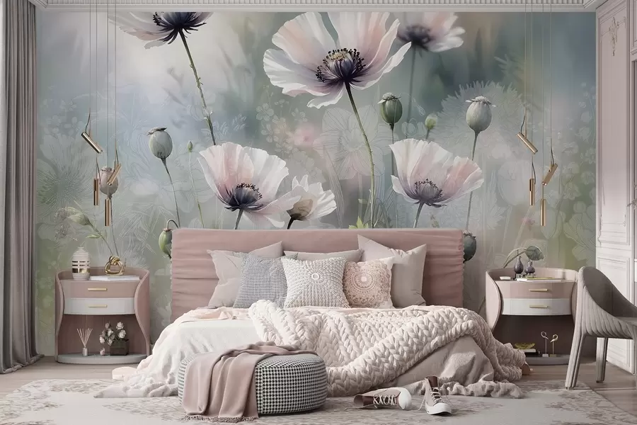 murales de pared Delicadas amapolas rosas y moradas con tallos y capullos verdes sobre un fondo de textura suave y difuminada w08585