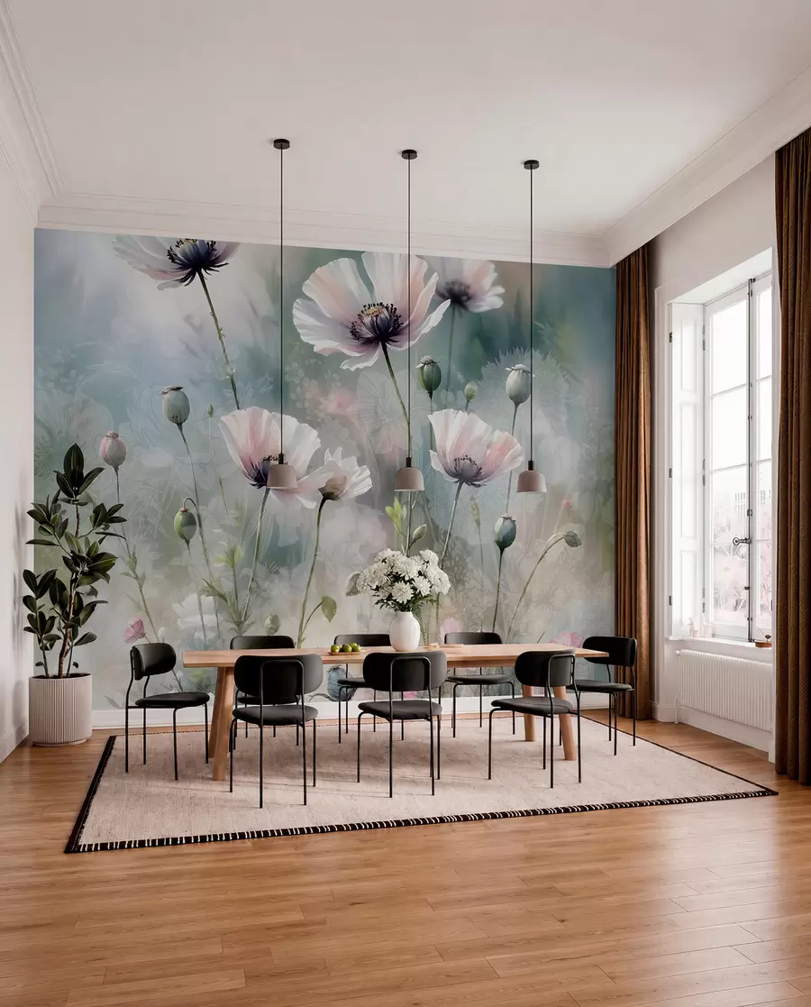 murales de pared Delicadas amapolas rosas y moradas con tallos y capullos verdes sobre un fondo de textura suave y difuminada w08585