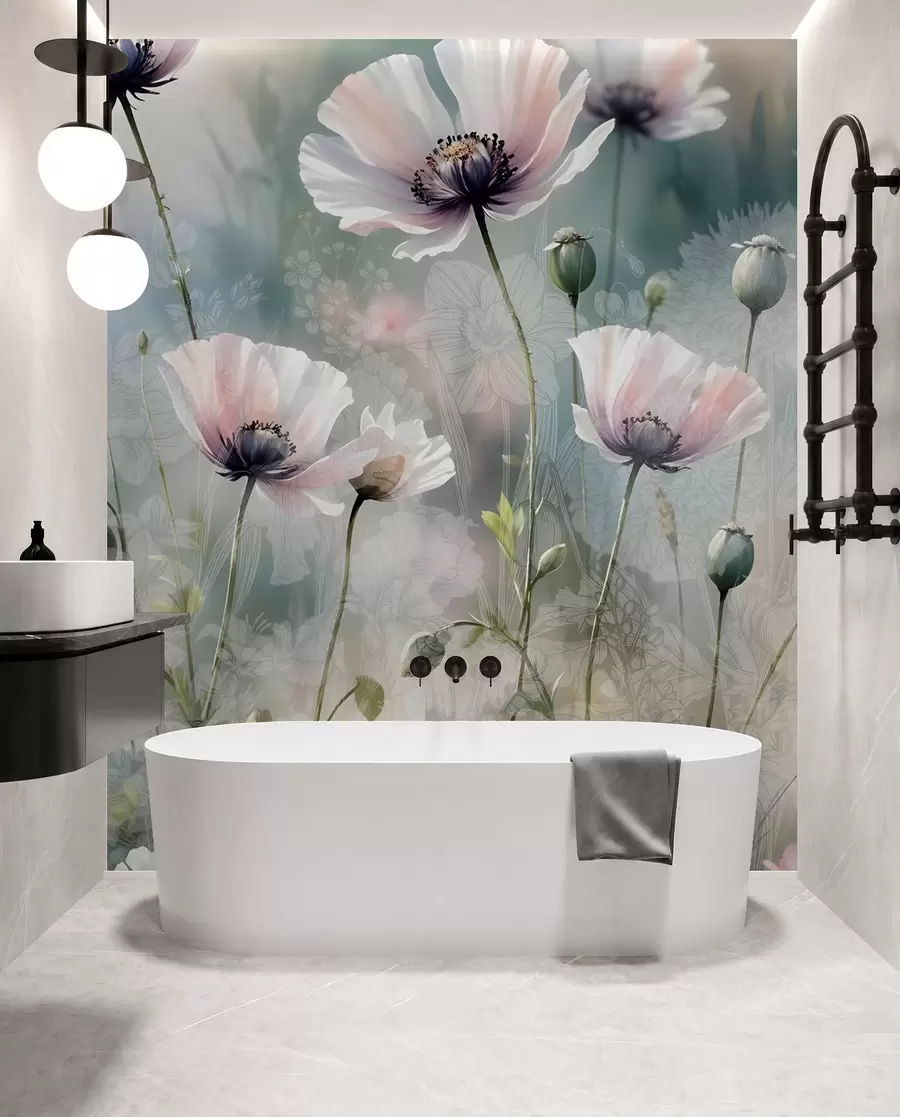 murales de pared Delicadas amapolas rosas y moradas con tallos y capullos verdes sobre un fondo de textura suave y difuminada w08585