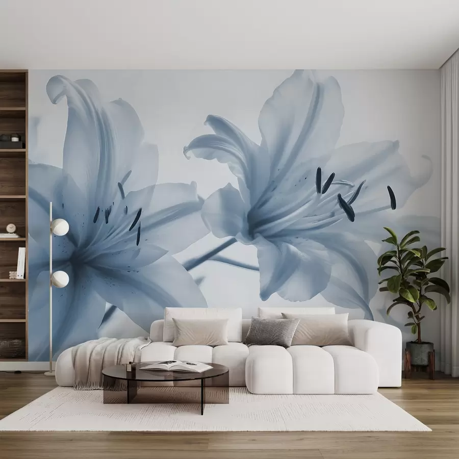 murales de pared Primer plano con enfoque suave de flores de lirio azules minimalistas sobre un fondo claro w08586