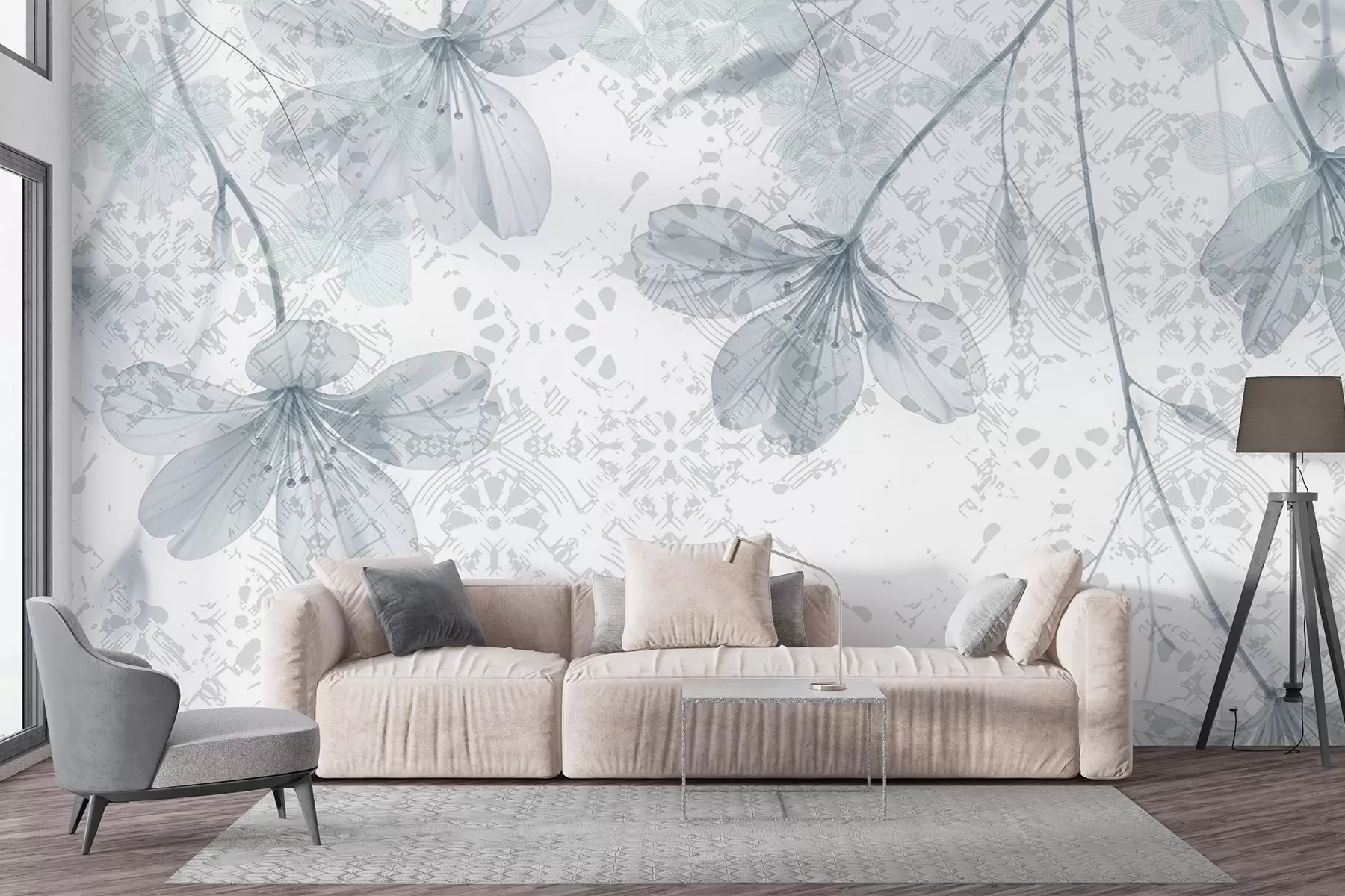 murales de pared Delicadas flores azules y blancas con largos tallos y pétalos sobre un fondo de textura suave y difuminada w08588