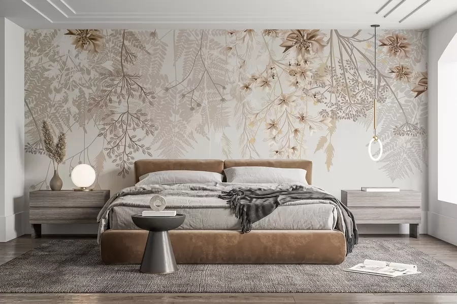 murales de pared Delicadas ramas florales y hierba con flores blancas, grises y beige que caen en cascada sobre un fondo claro w08598