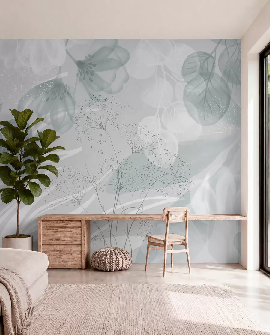 murales de pared Elementos florales de eucalipto en tonos azules y blancos con hojas y pétalos superpuestos de estilo minimalista w08599