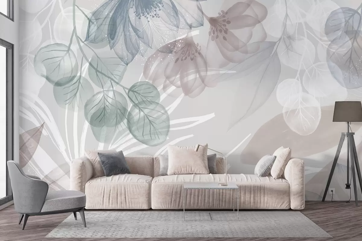murales de pared Estampado floral en tonos pastel con grandes flores y hojas abstractas transparentes en tonos grises, rosas y verdes w08600