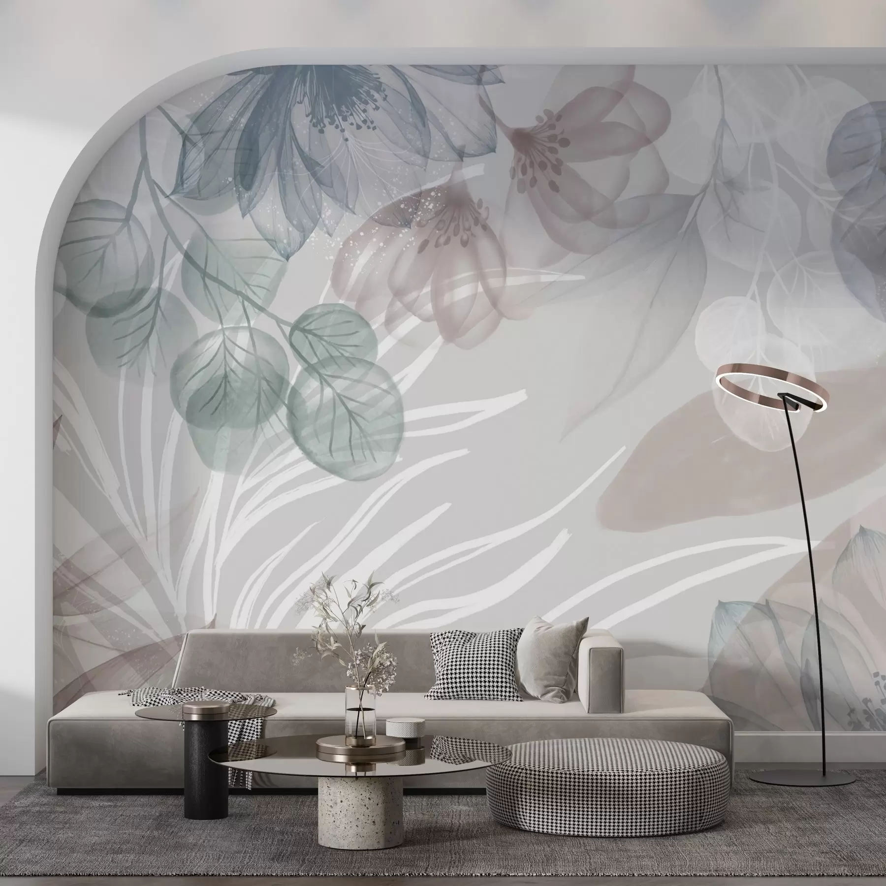 murales de pared Estampado floral en tonos pastel con grandes flores y hojas abstractas transparentes en tonos grises, rosas y verdes w08600