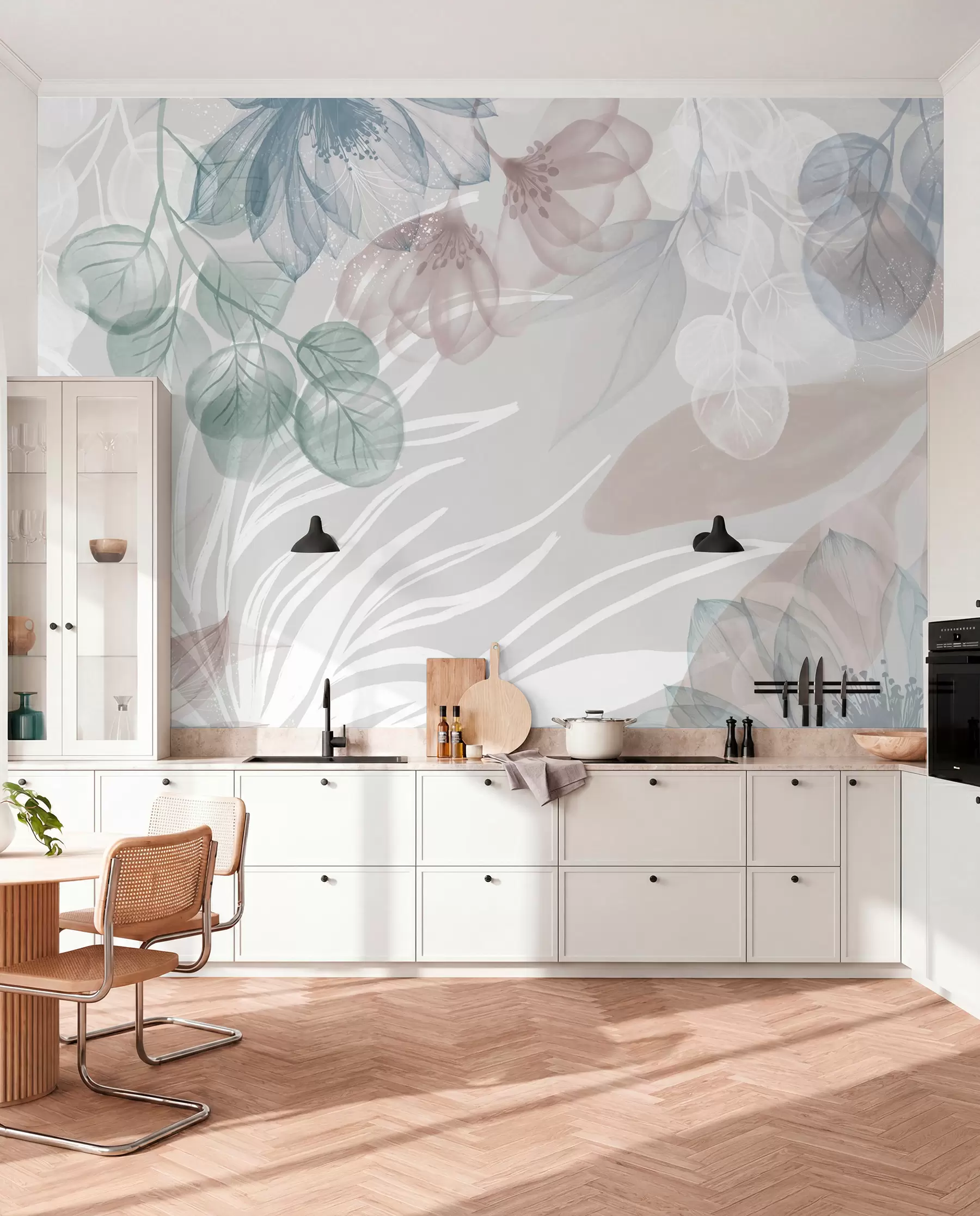 murales de pared Estampado floral en tonos pastel con grandes flores y hojas abstractas transparentes en tonos grises, rosas y verdes w08600