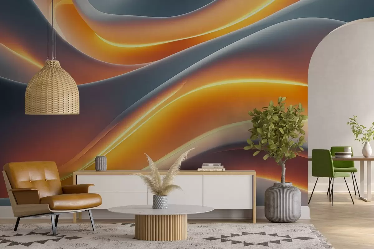 murales de pared Ondas grises con una imitación de reflejos de luz amarilla w02248