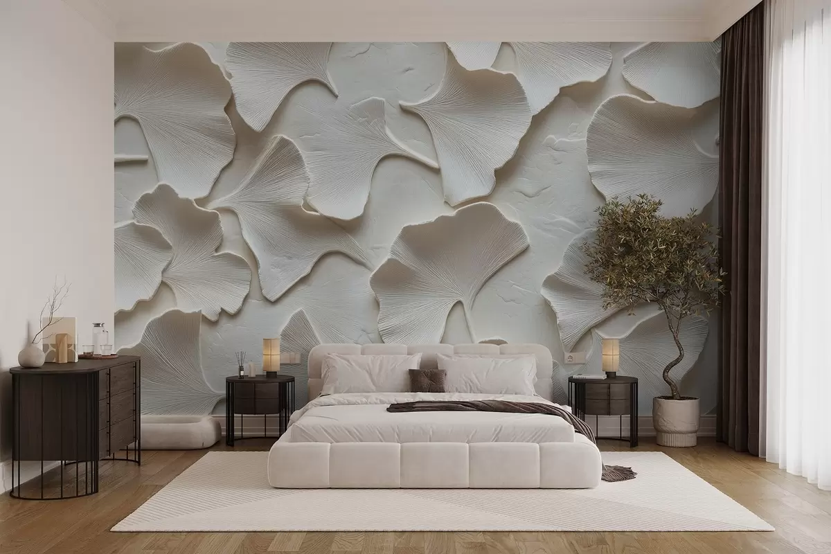 murales de pared Estuco con delicado relieve de hojas de ginkgo sobre fondo blanco w08560v1