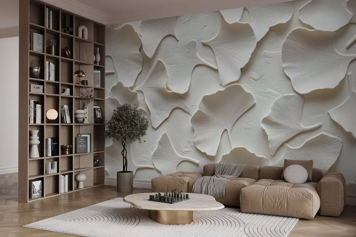 murales de pared Estuco con delicado relieve de hojas de ginkgo sobre fondo blanco w08560v1