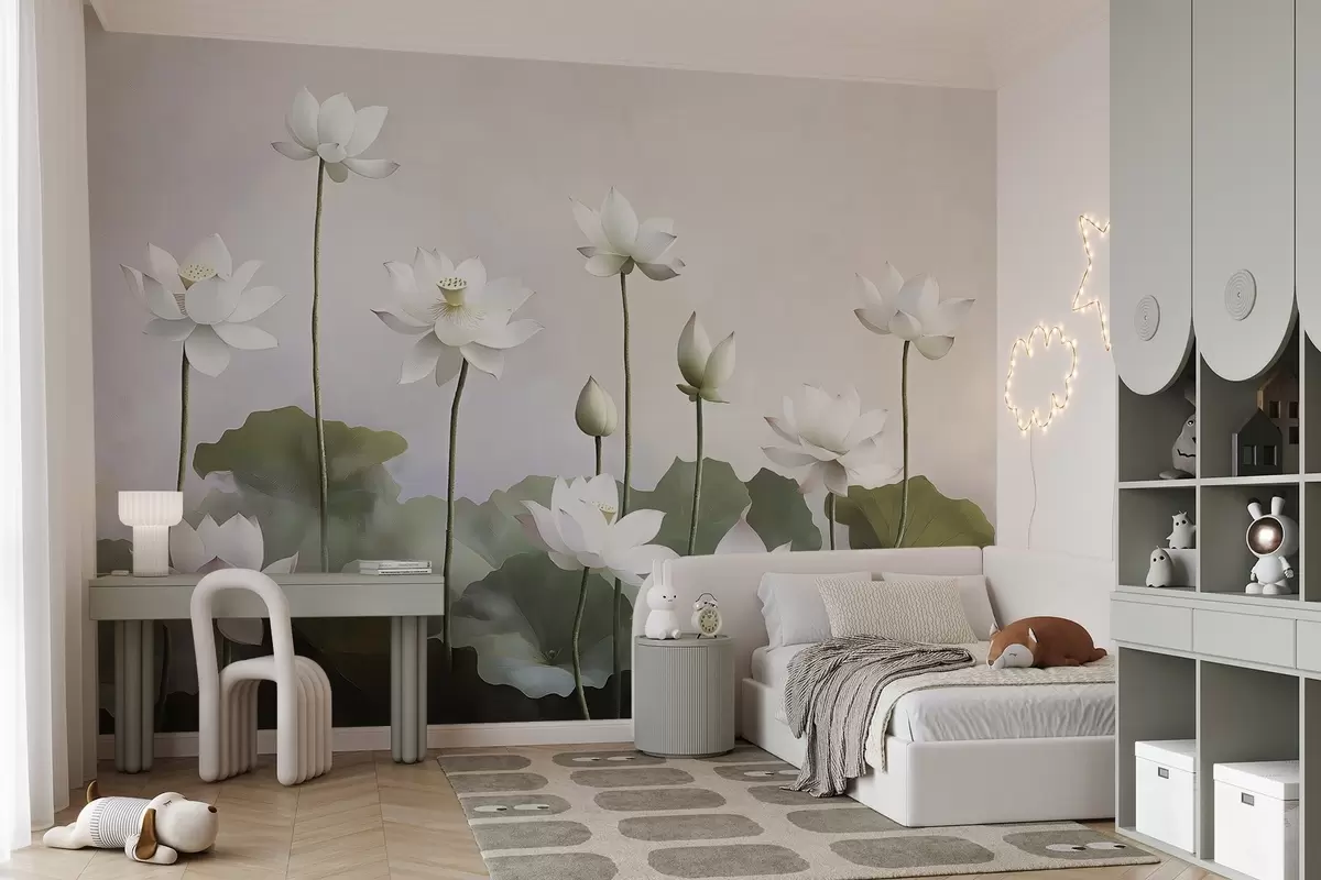 murales de pared Flores de loto blancas y tiernas w08596