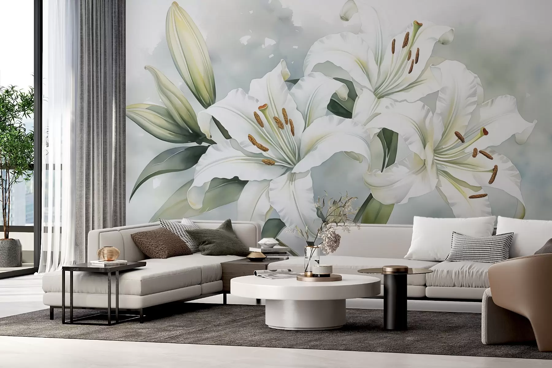 murales de pared Lirios blancos imitación estilo acuarela w02711