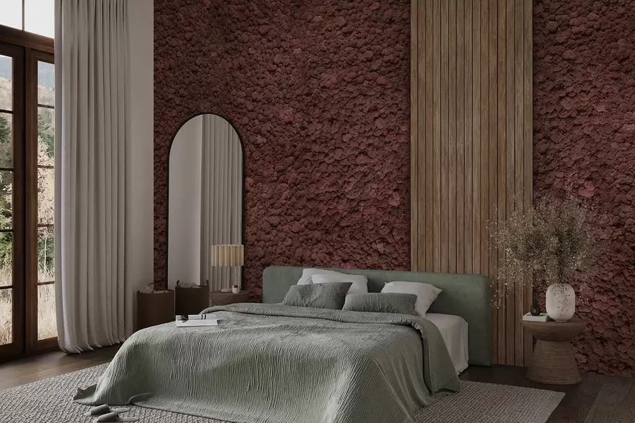 murales de pared Pared estilo musgo con panel de madera, exuberantes colores burdeos w02656v1