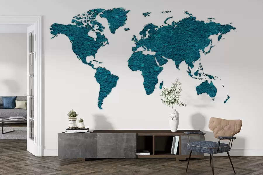 murales de pared Mapamundi con musgo, naturaleza, paleta de colores azules  w02657v1
