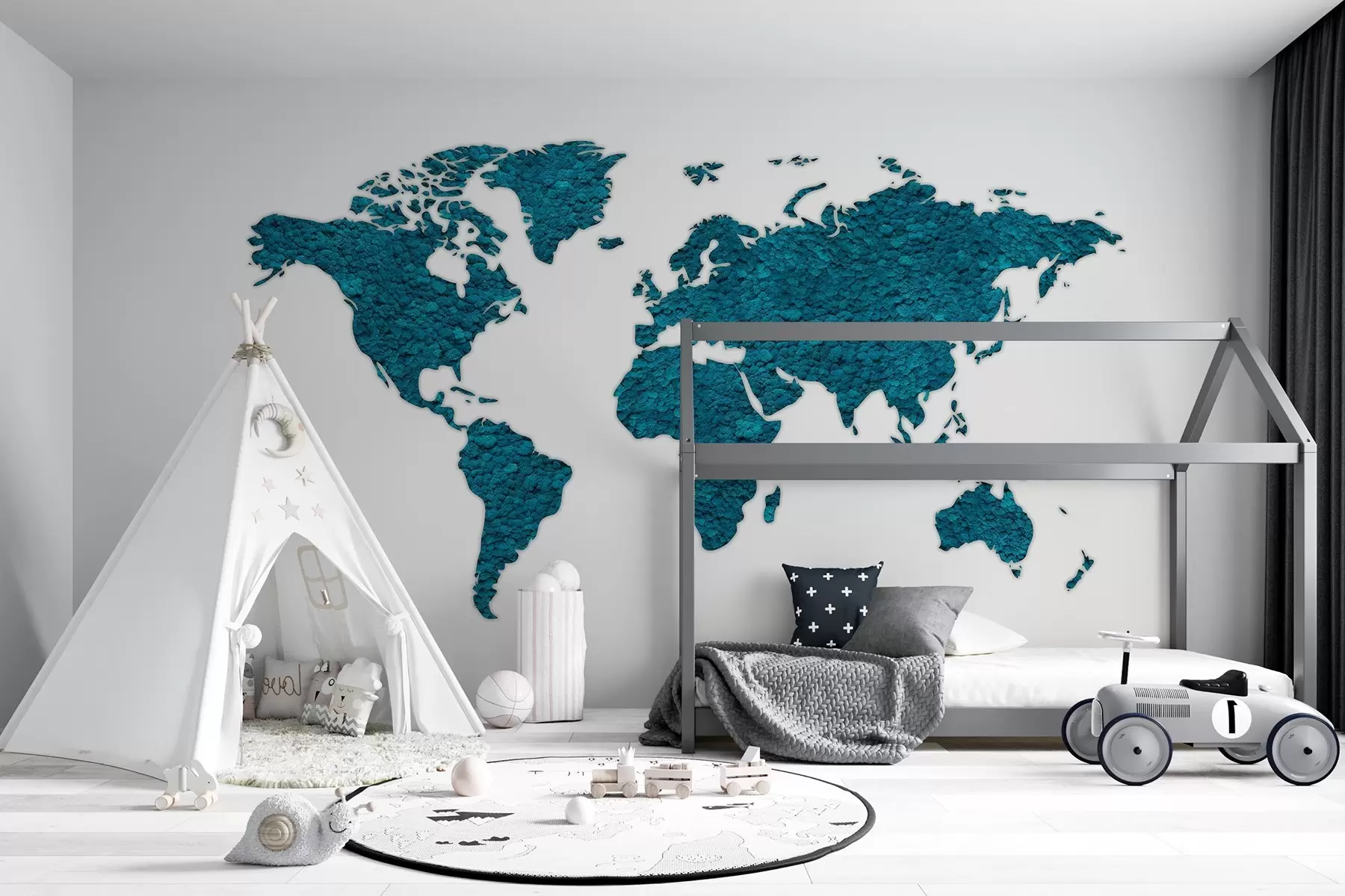 murales de pared Mapamundi con musgo, naturaleza, paleta de colores azules  w02657v1