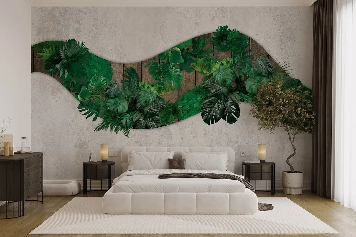 murales de pared Adorno de pared con plantas, musgo, hojas de palmera, fondo de madera, vegetación w02658v1