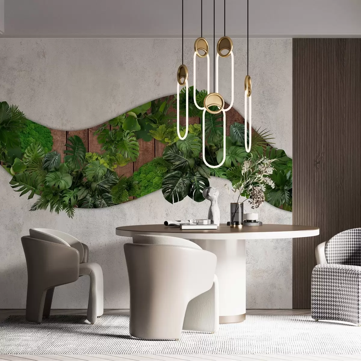 murales de pared Adorno de pared con plantas, musgo, hojas de palmera, fondo de madera w02658