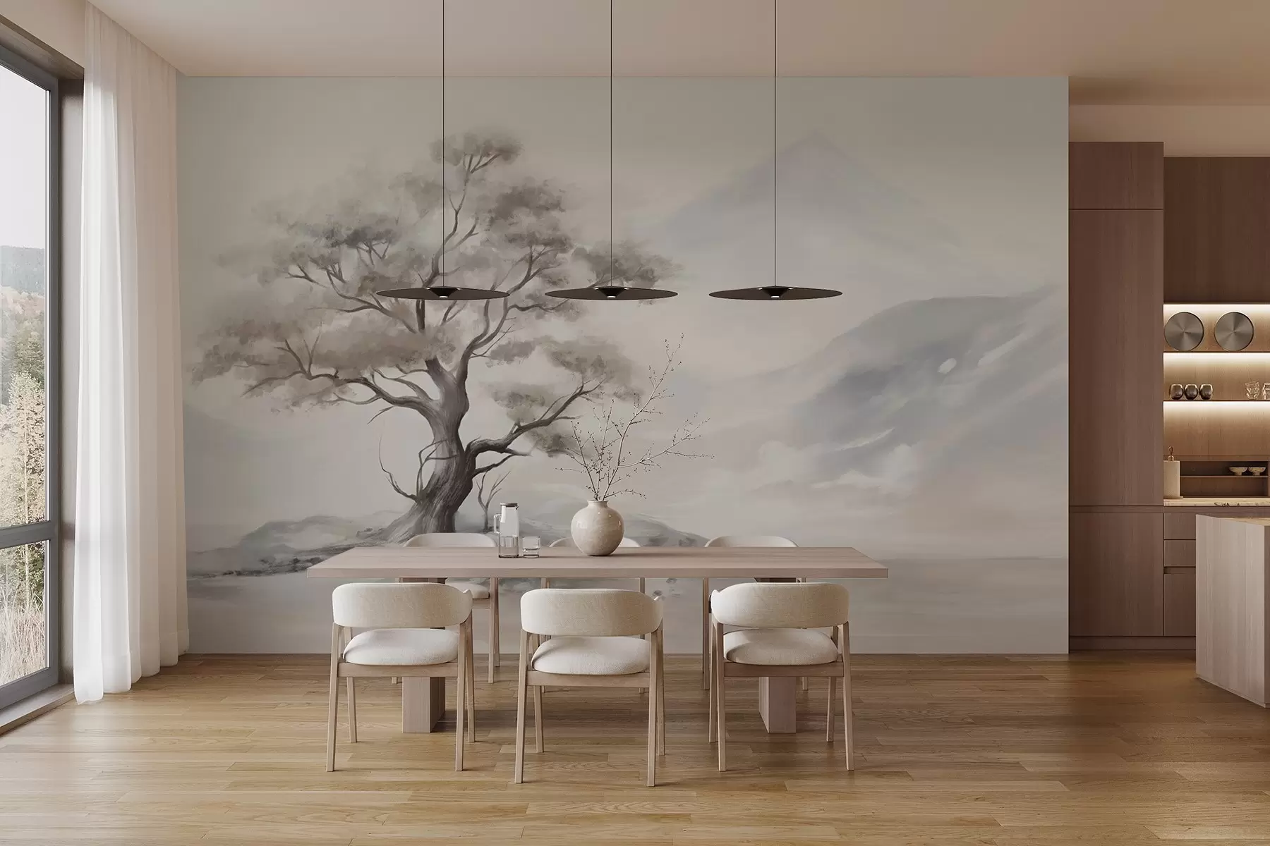 murales de pared Dibujo minimalista de un árbol solitario y retorcido en un paisaje desolado y rocoso con montañas al fondo  w08604
