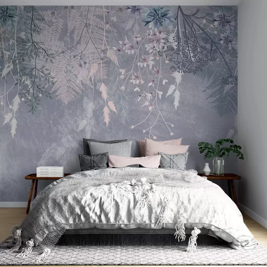 murales de pared Unas plantas de ensueño, delicadas y tenues, espiguillas y flores en colores pastel azulados sobre un fondo brumoso y texturizado w08606