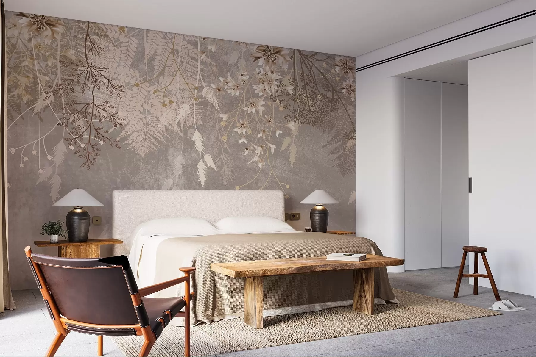 murales de pared Unas plantas de ensueño, delicadas y tenues, espiguillas y flores en colores pastel marrones sobre un fondo brumoso y texturizado w08606v1