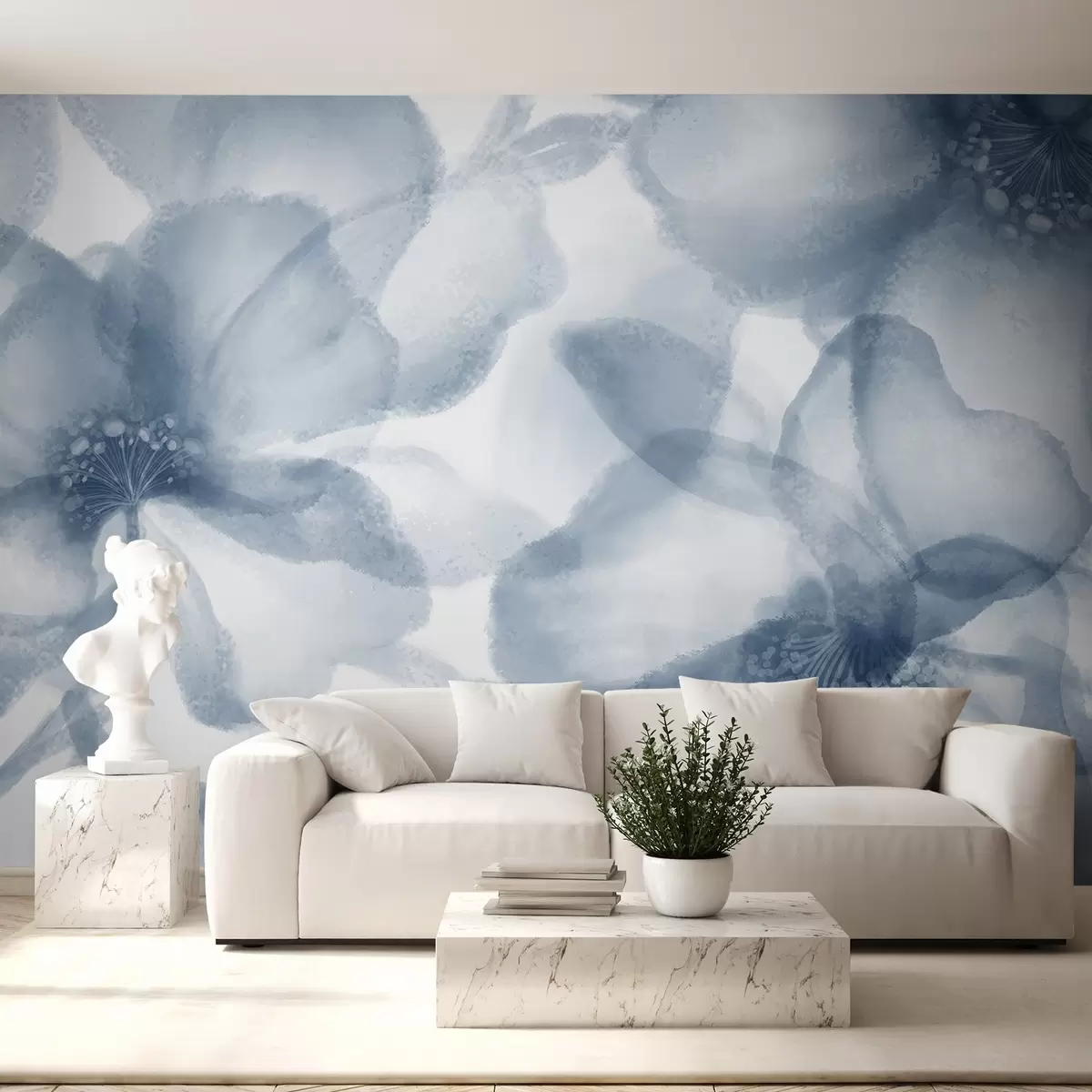 murales de pared Flores azules abstractas suaves y difuminadas que crean un estampado floral sereno y tranquilizador w08607