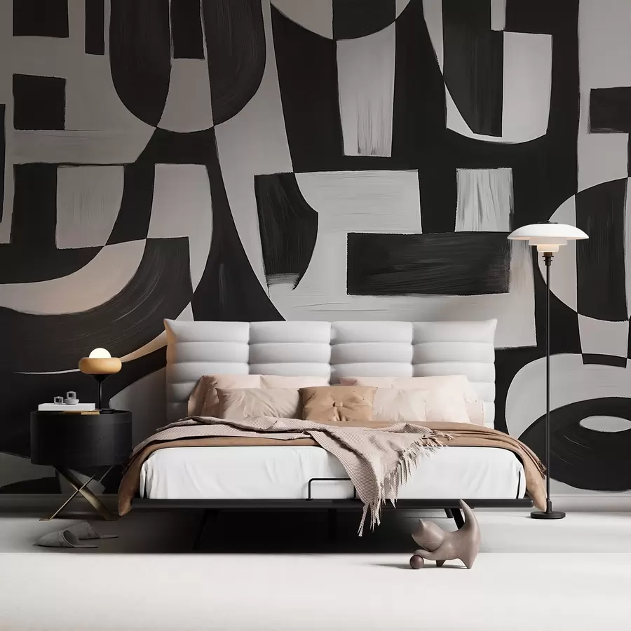 murales de pared Formas y motivos geométricos abstractos en blanco y negro que crean una composición visualmente impactante y dinámica w08608