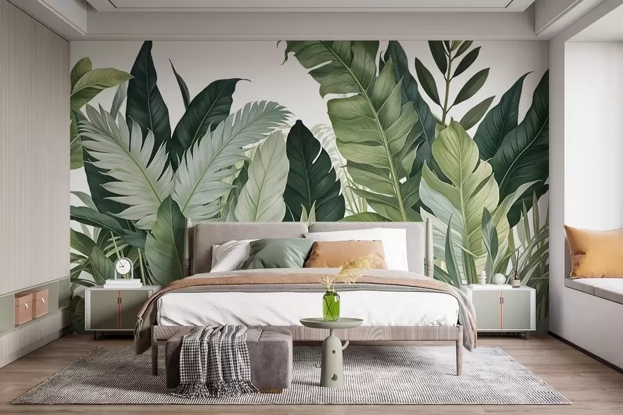 murales de pared Follaje tropical con varias hojas verdes grandes, incluidas hojas de plátano, hojas de palmera y otras especies de plantas exóticas w08609