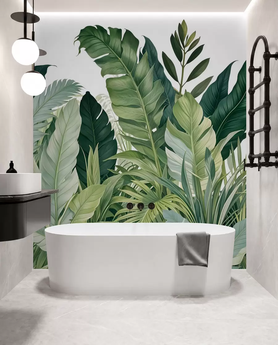 murales de pared Follaje tropical con varias hojas verdes grandes, incluidas hojas de plátano, hojas de palmera y otras especies de plantas exóticas w08609