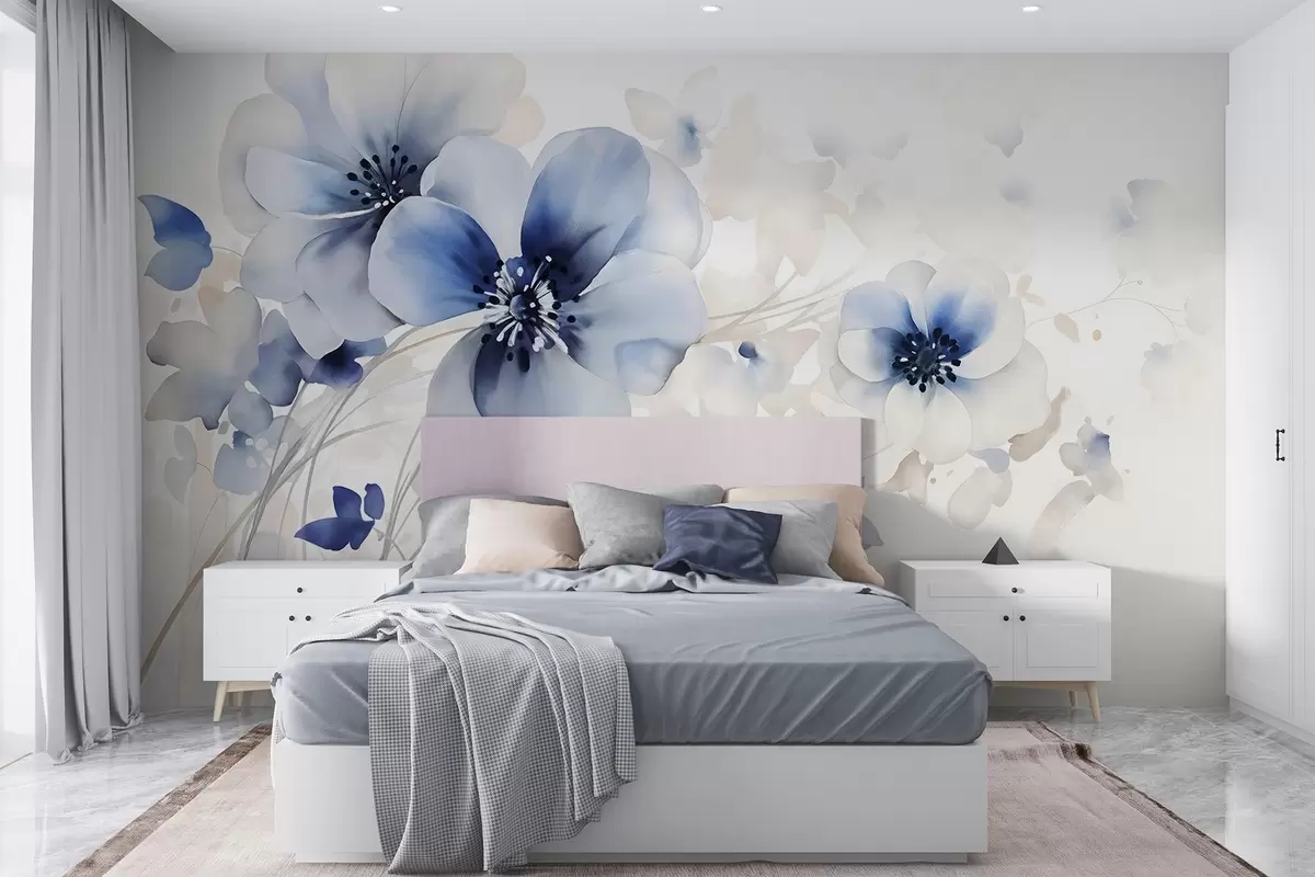 murales de pared Delicadas flores azules y blancas en forma de acuarela con suaves pétalos y fondo difuminado w08610