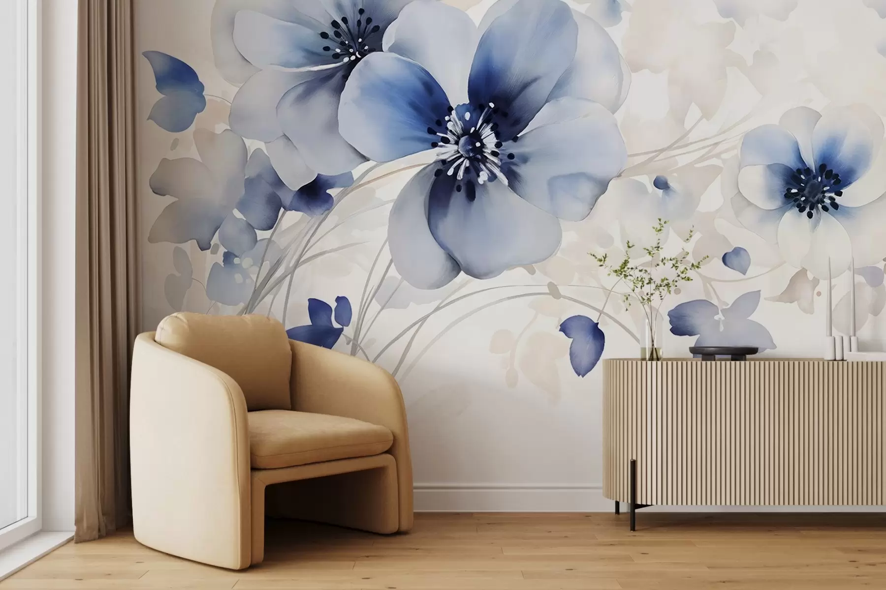 murales de pared Delicadas flores azules y blancas en forma de acuarela con suaves pétalos y fondo difuminado w08610