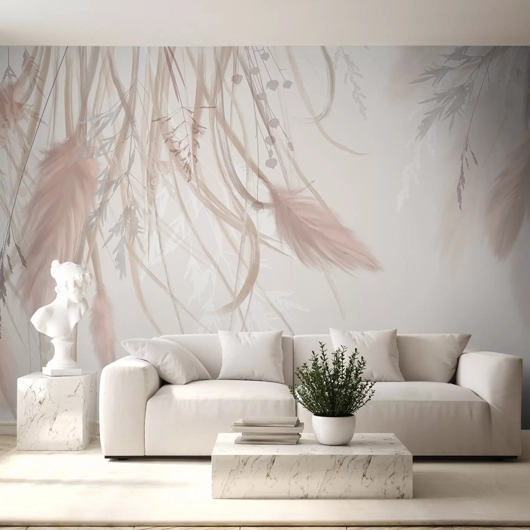 murales de pared Suave hierba de la pampa y espiguillas en tonos beige y rosa sobre un fondo claro w08611