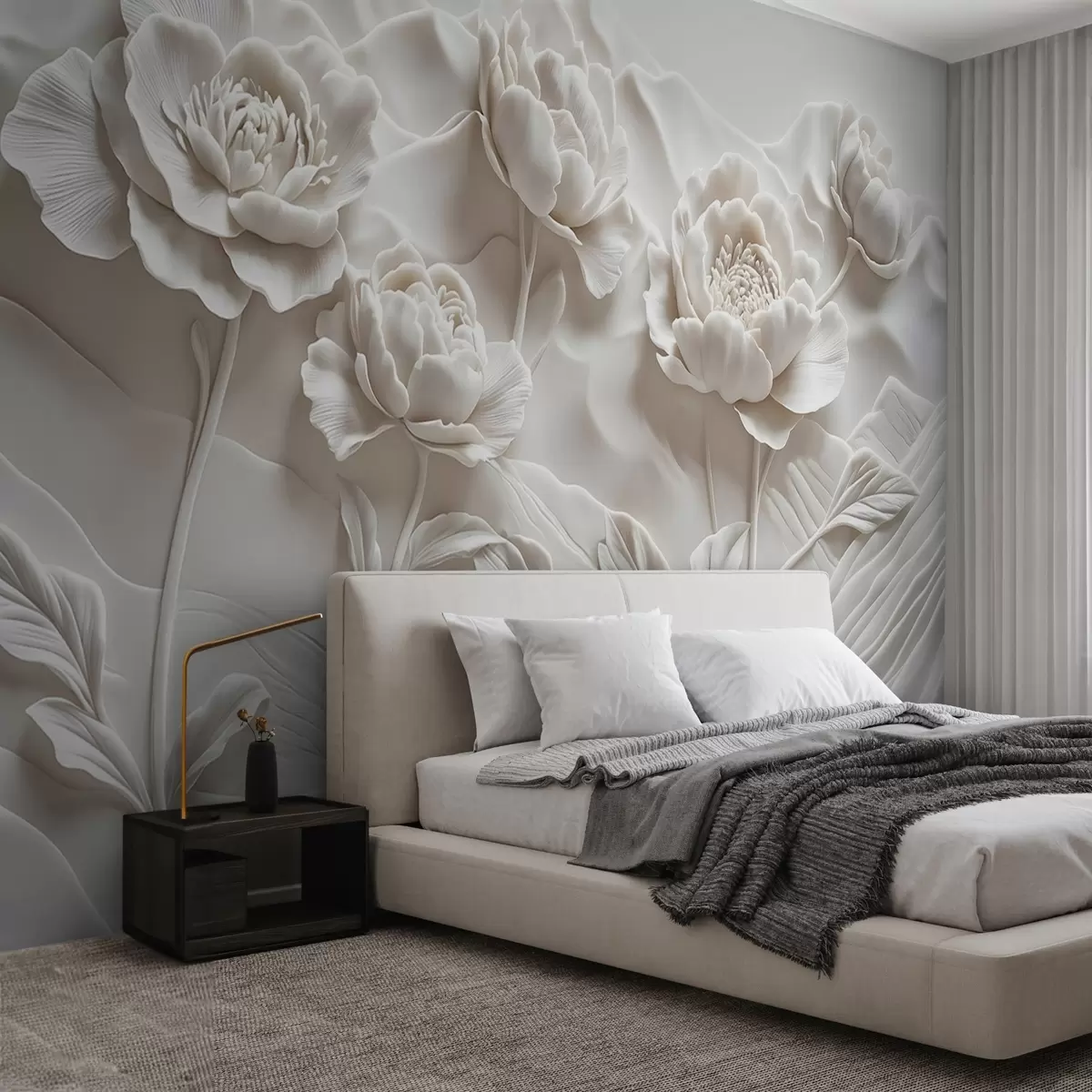 murales de pared Imitación floral blanca de escultura en relieve con grandes y detalladas flores de peonía sobre fondo liso w08612