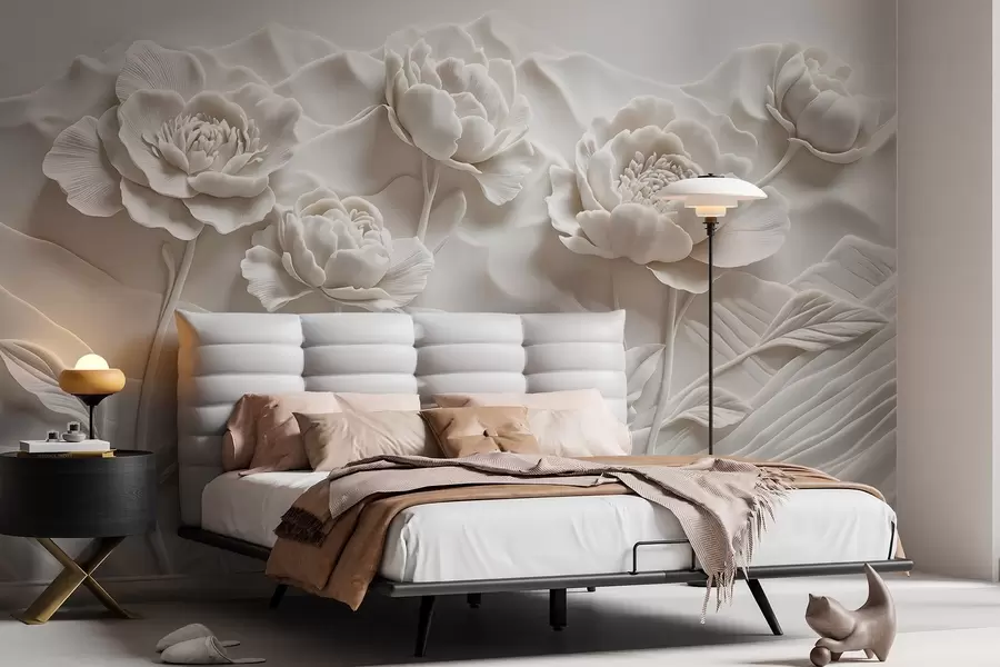 murales de pared Imitación floral blanca de escultura en relieve con grandes y detalladas flores de peonía sobre fondo liso w08612
