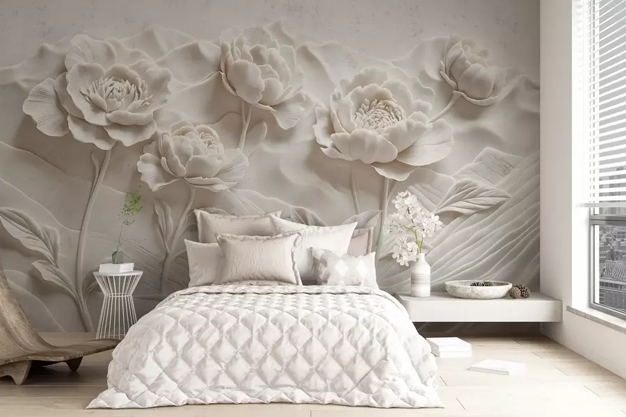 murales de pared Imitación floral blanca de escultura en relieve con grandes y detalladas flores de peonía sobre fondo liso w08612