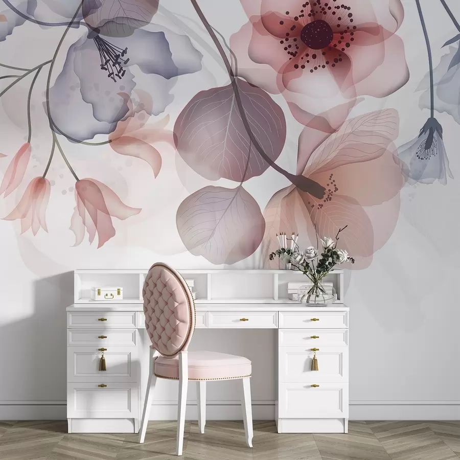 murales de pared Delicadas flores translúcidas rosas y grises con pétalos suaves y centros oscuros, sobre un fondo claro w08613