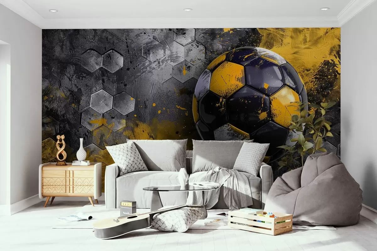 murales de pared Balón de fútbol sobre fondo de panales con manchas de pintura amarilla w08616