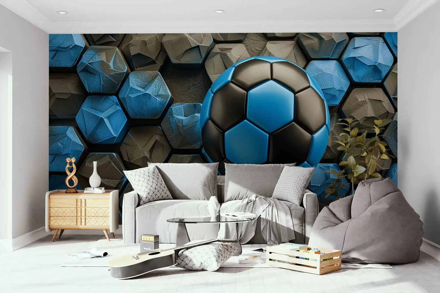 murales de pared Balón de fútbol grande y panales negros y azules w08617