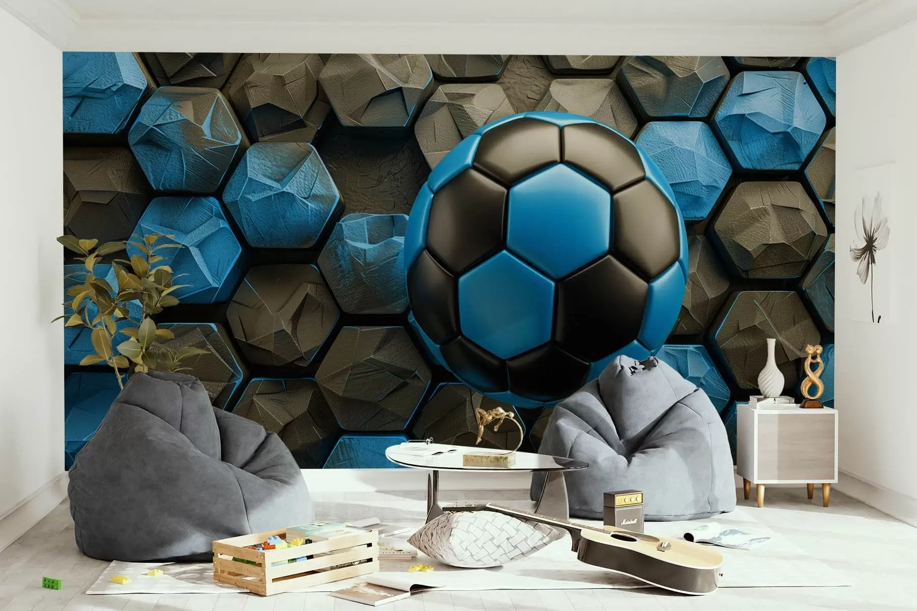 murales de pared Balón de fútbol grande y panales negros y azules w08617
