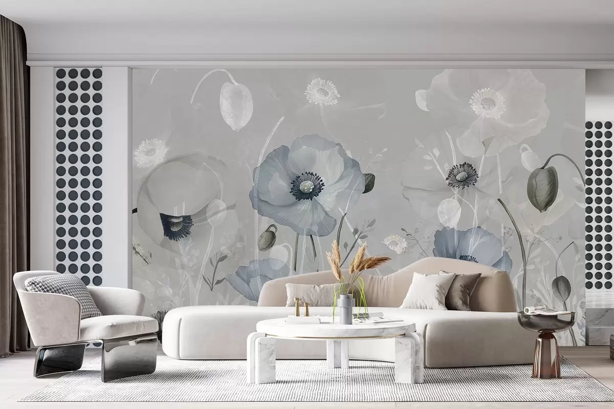 murales de pared Grandes amapolas azules sobre fondo de acuarela gris w08626